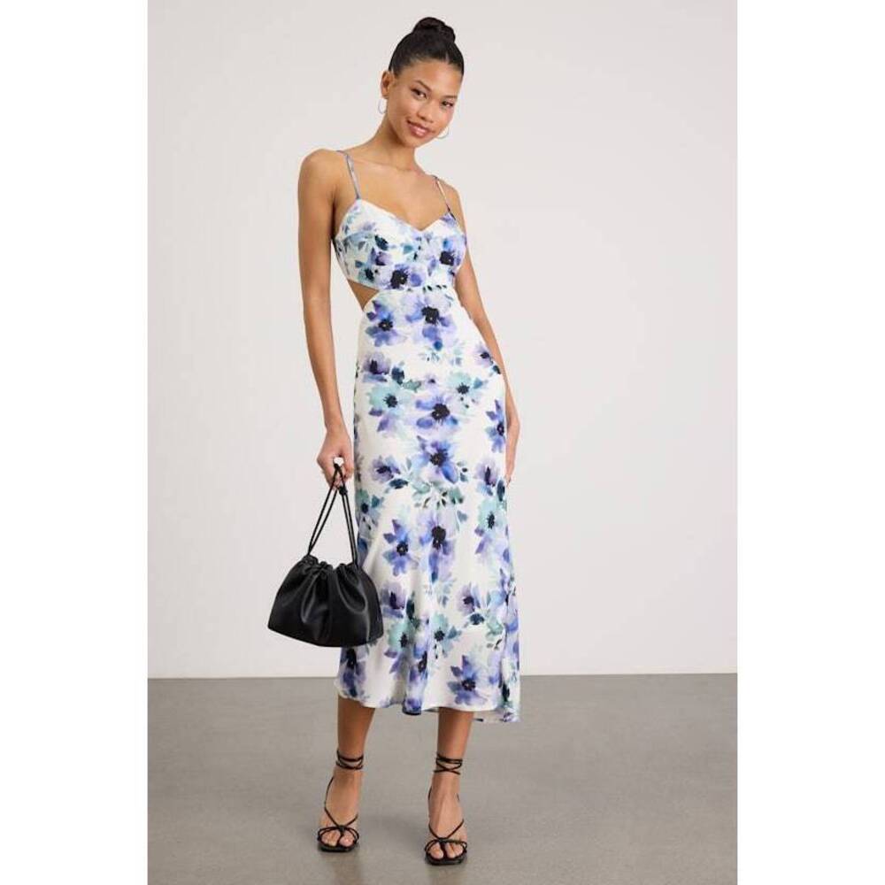 Lulus Janetta White Multi Floral Cutout Midi Dress - Size XS